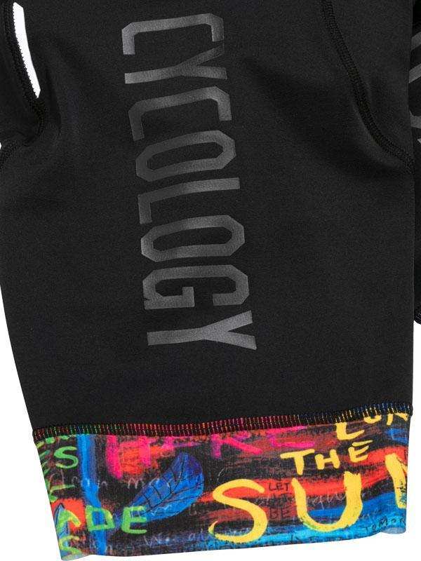 Black cycling jersey with 'CYCOLOGY' text and colorful graphic hem, ideal for men's and women's cycling wear