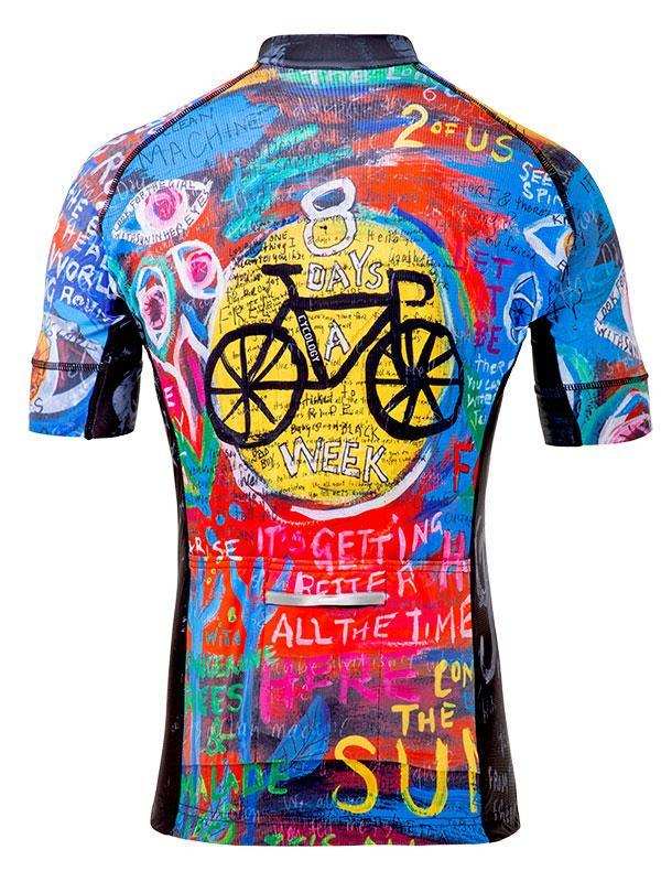 Colorful cycling jersey with bold graffiti art and bicycle graphic design for men and women