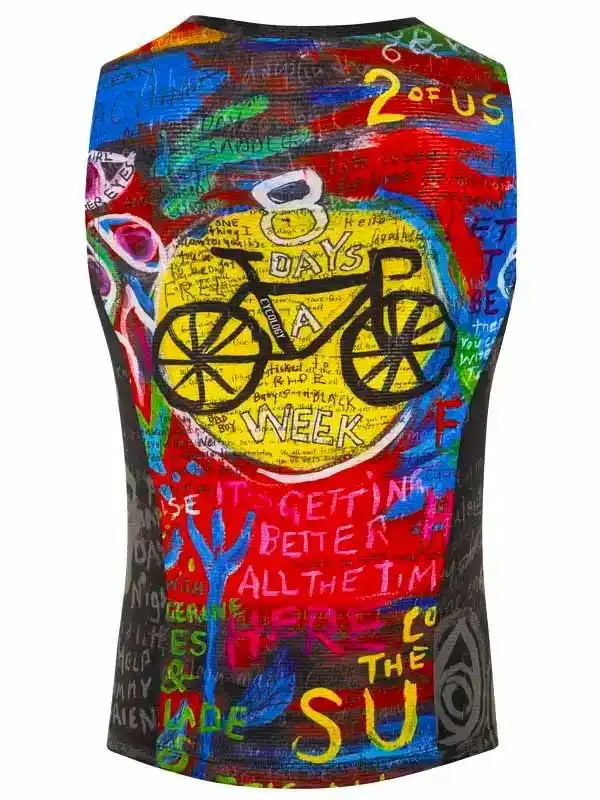 Colorful cycling vest with graffiti art, bike graphic, and '8 Days a Week' text for men's or women's rides.