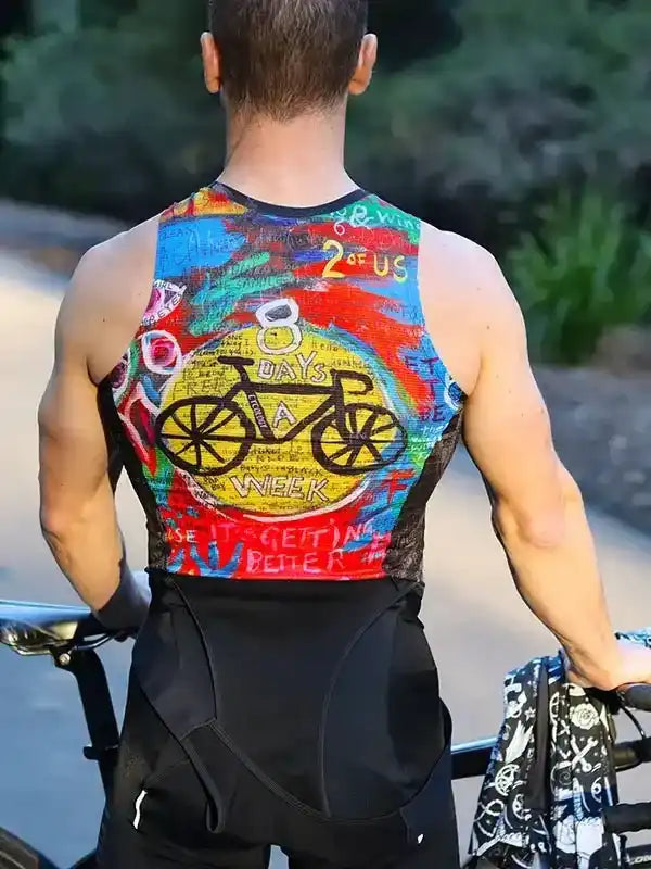 Men's cycling jersey with colorful '8 Days a Week' bike graphic, worn on outdoor ride