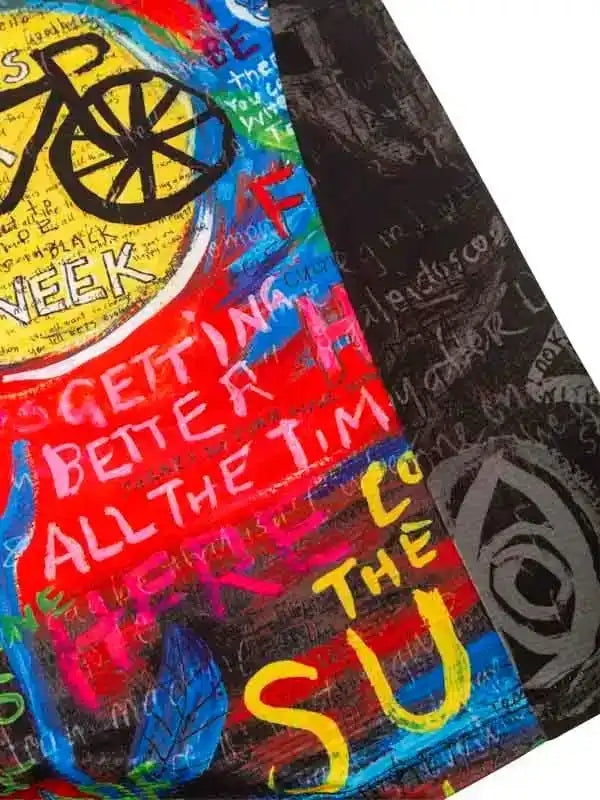 Colorful cycling jersey with bold graffiti-style art, bike graphics, and motivational text for men and women