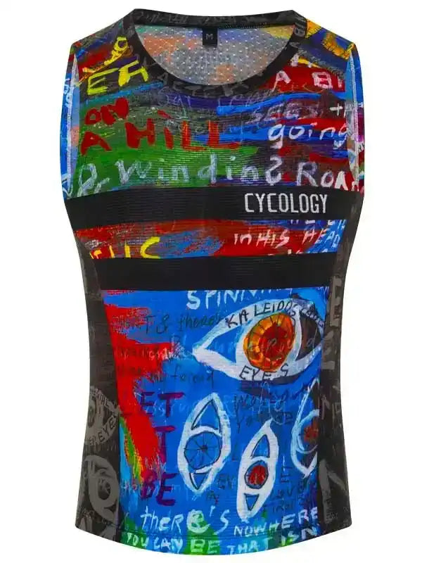 Colorful cycling vest with graffiti art, eye graphics, and 'CYCOLOGY' text, designed for men and women riders.