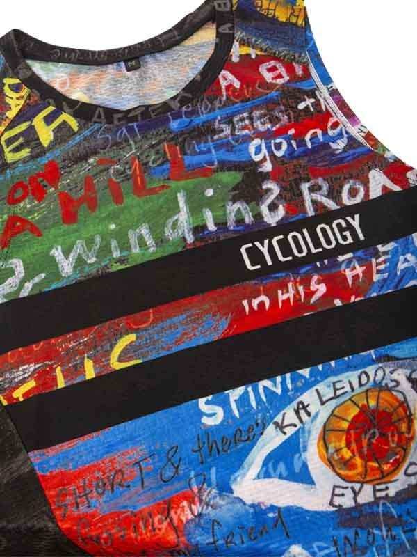 Cycology women's cycling tank top with colorful graffiti-style print and bold text design