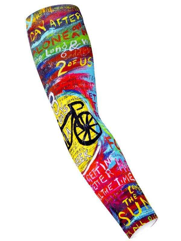 Colorful cycling arm sleeve with bold text and bike graphic, perfect for road rides and sun protection.