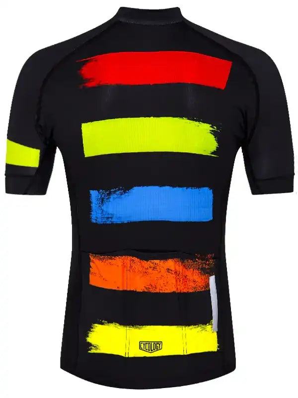 Black cycling jersey with bold red, yellow, blue, and orange brushstroke stripes, rear view