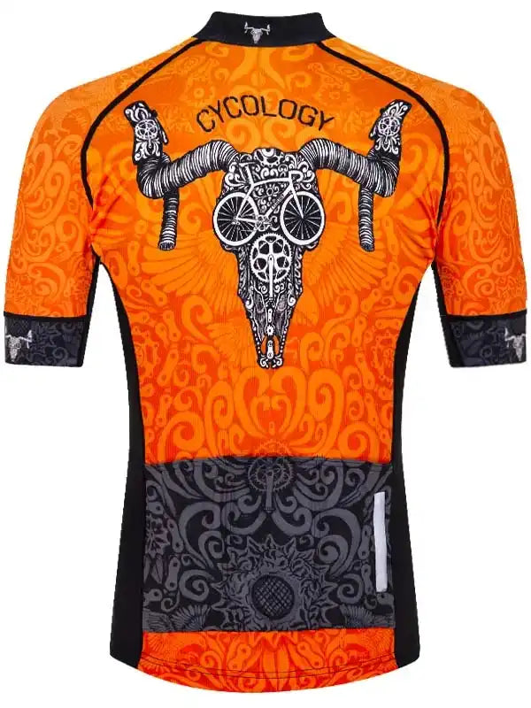 Men's orange cycling jersey with skull and bike wheel design, black accents, and reflective strip