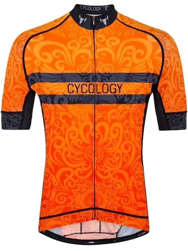 Orange and black men's cycling jersey with swirl pattern and 'CYCOLOGY' chest band