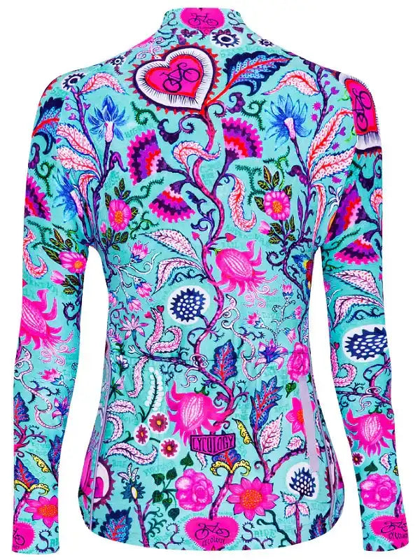 Women's cycling jersey with vibrant floral and heart pattern, long sleeves, turquoise base