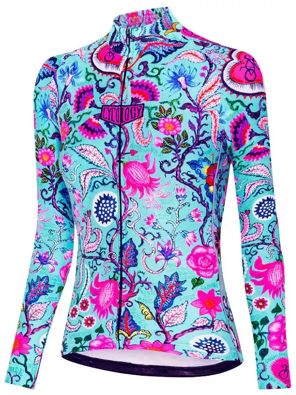 Women's long sleeve cycling jersey with vibrant floral pattern and full zip