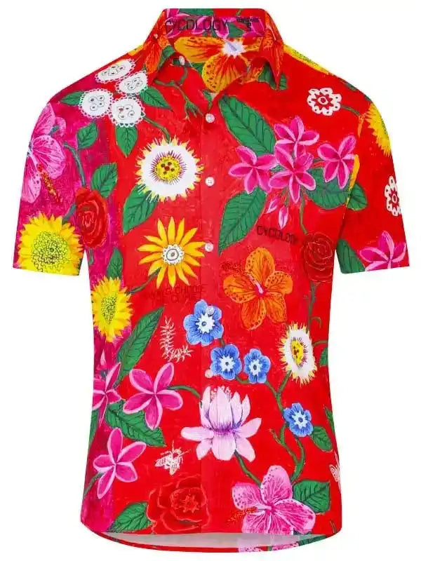 Vibrant red floral cycling shirt with tropical flowers and green leaves, perfect for men's or women's bike rides.