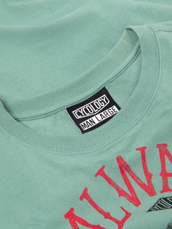 Mint green men's cycling t-shirt with red graphic print and Cycology brand tag