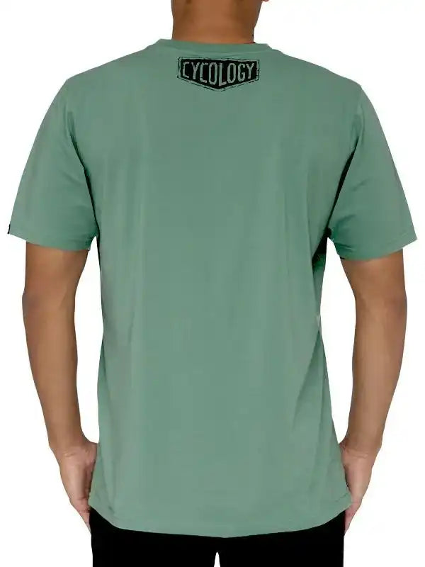 Men's olive green cycling t-shirt with back logo, ideal for bike rides and casual wear