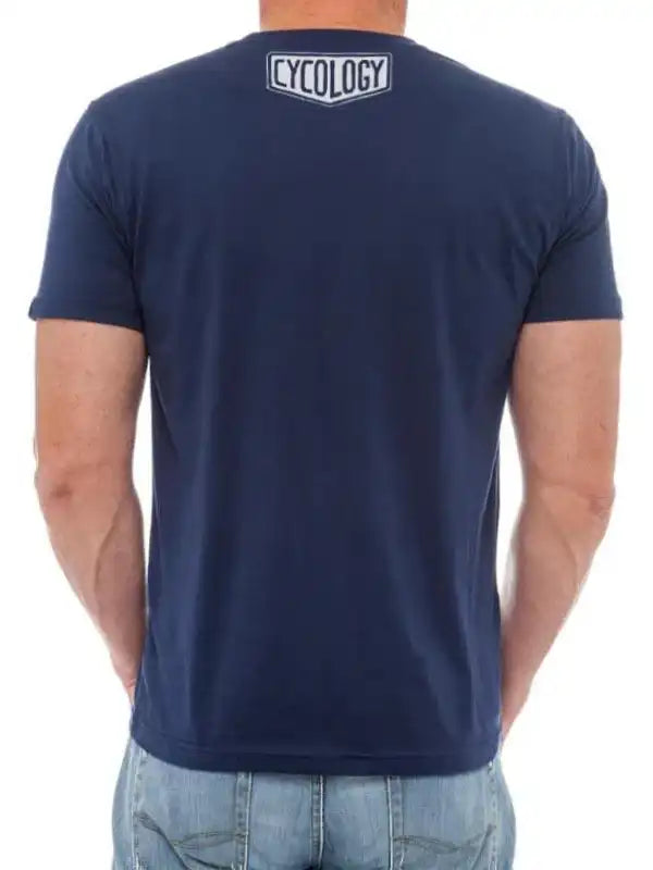 Men's navy cycling t-shirt with Cycology logo on back, casual fit for active wear