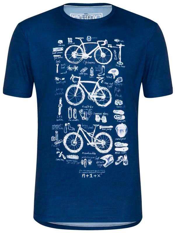 Blue cycling t-shirt with white bike diagrams and gear illustrations for men's and women's cycling apparel
