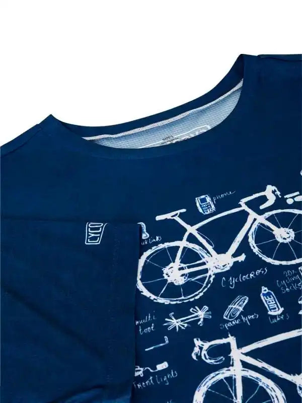 Navy blue cycling t-shirt with white bike sketch design, ideal for men's and women's bike rides