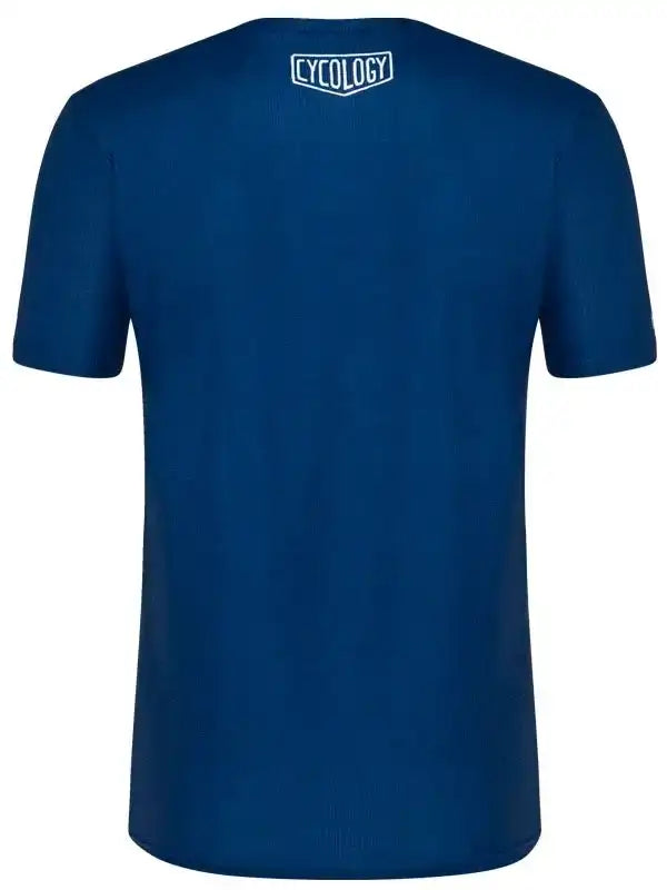 Blue men's cycling t-shirt with white Cycology logo on back, lightweight performance fabric