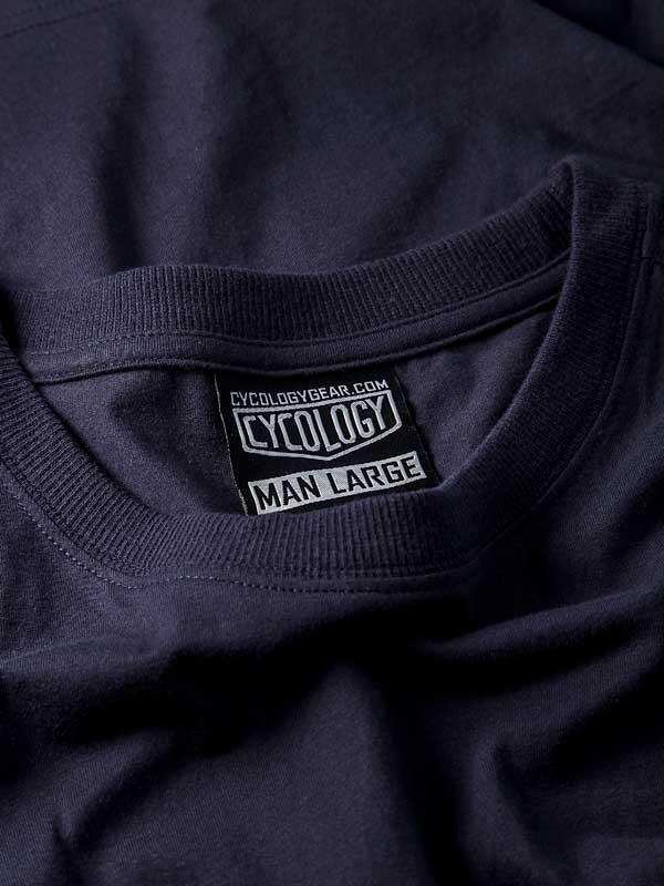 Cycology men's large cycling t-shirt label, navy fabric, brand tag detail