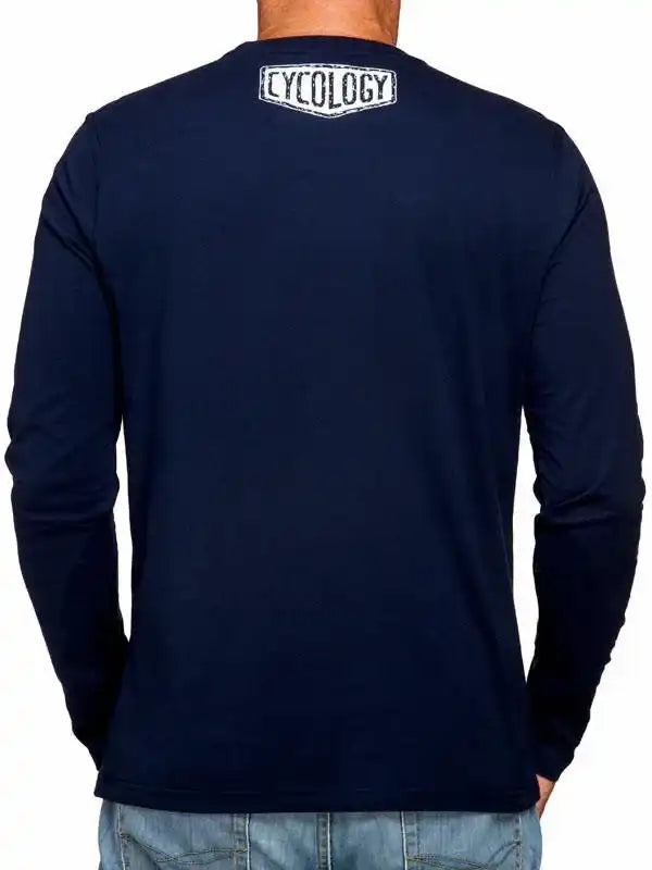 Navy long sleeve cycling shirt with white Cycology logo on back, ideal for men's bike wear