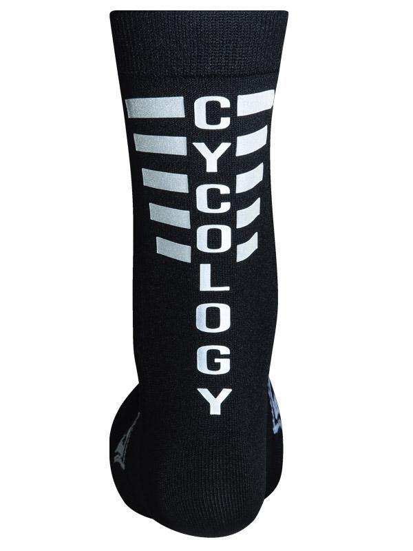Black cycling sock with white CYCOLOGY text and reflective stripes, designed for men's and women's bike rides