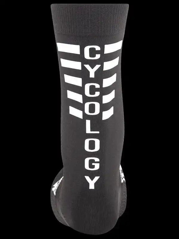 Black cycling sock with white 'CYCOLOGY' text and stripe design, ideal for men's and women's bike rides.