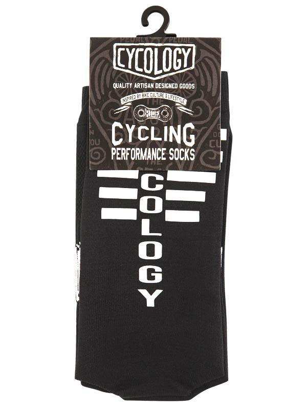 Black cycling performance socks with bold white 'Cycology' lettering, designed for bike culture enthusiasts.