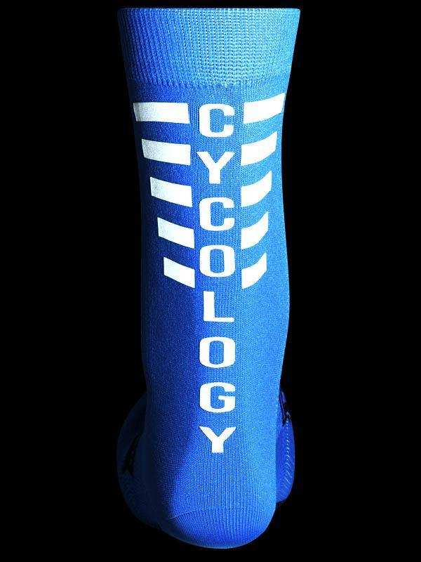 Blue cycling sock with white Cycology logo, designed for men's and women's bike rides