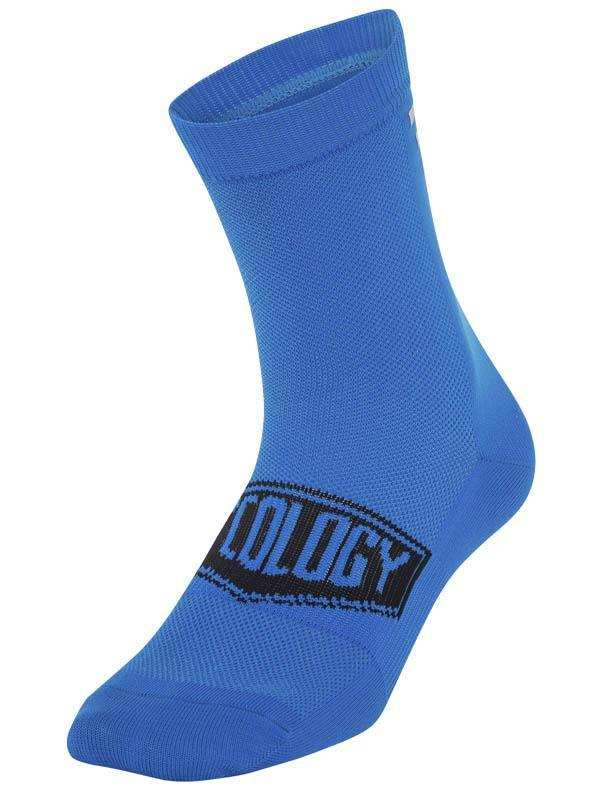 Blue cycling sock with 'OLOGY' logo, breathable fabric for men and women riders