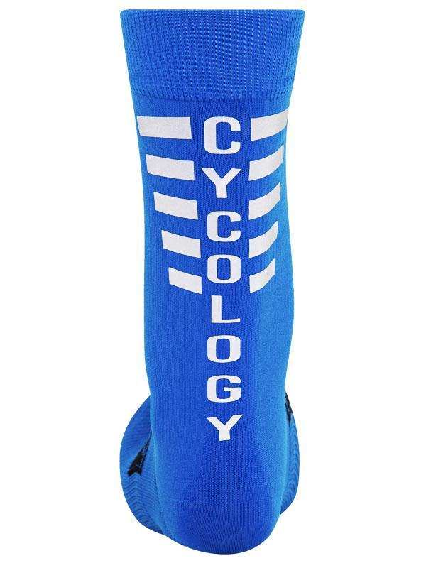 Blue cycling sock with white 'CYCOLOGY' text and stripe design, ideal for men's and women's bike rides