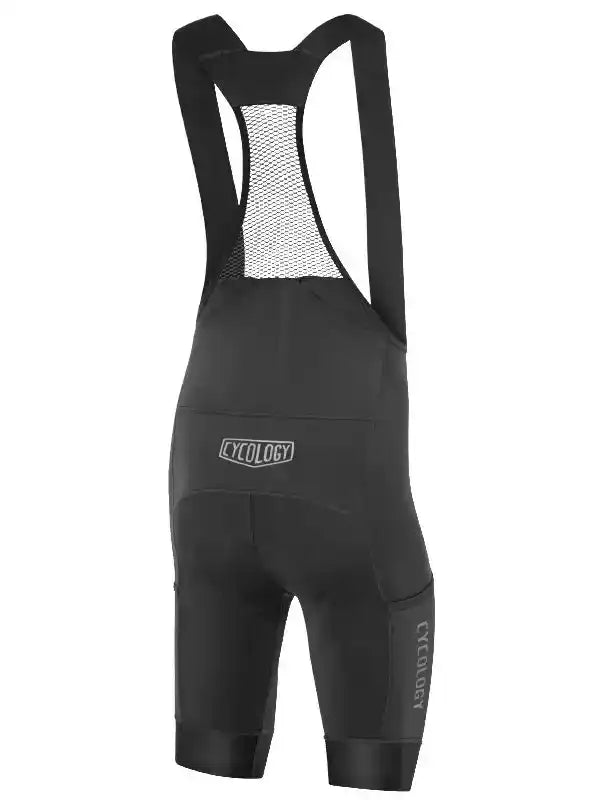 Black men's cycling bib shorts with mesh back panel and brand logo, designed for comfort and performance.