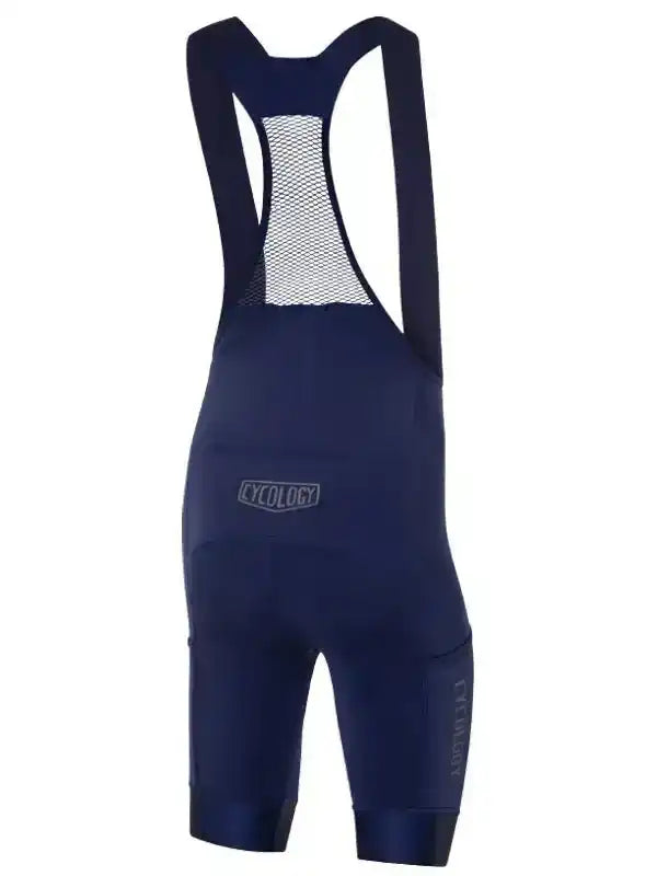 Navy blue men's cycling bib shorts with mesh back panel and brand logo, designed for comfort and performance.