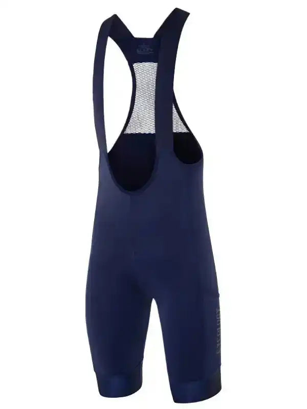 Navy blue men's cycling bib shorts with mesh back panel and ergonomic design