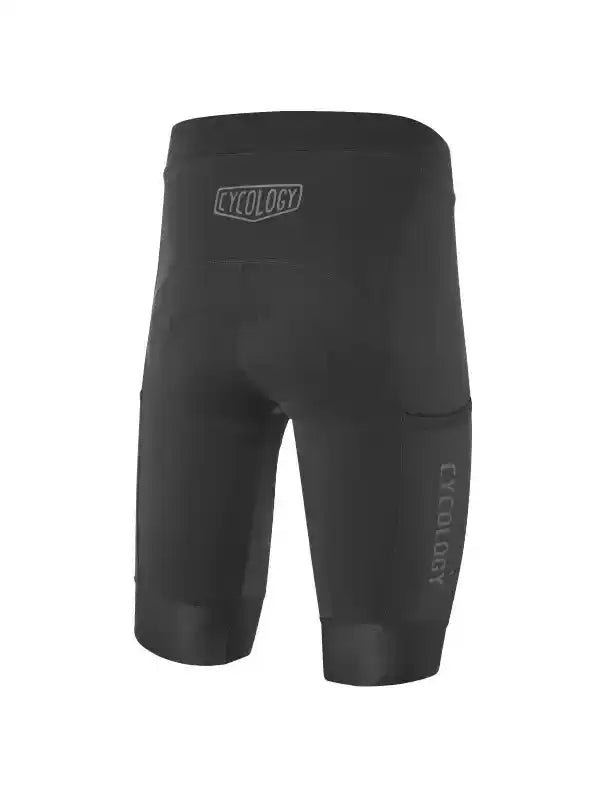 Black men's cycling shorts with rear pocket and brand logo, designed for comfort and performance