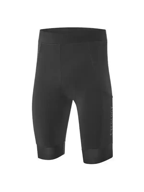 Black men's cycling shorts with side logo, designed for comfort and performance on rides.