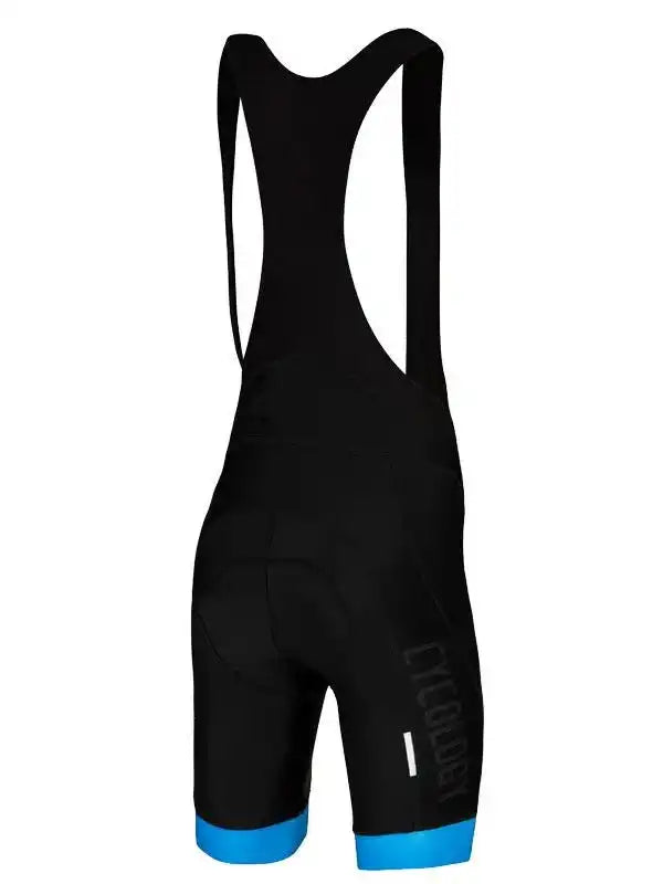Black cycling bib shorts with blue hem and reflective logo, designed for men's and women's road cycling comfort.