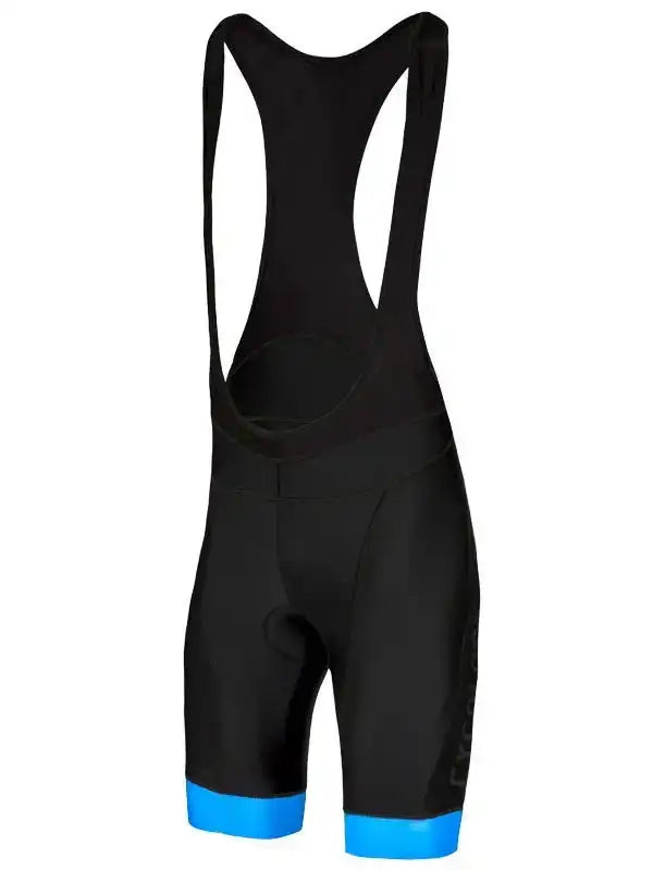 Black cycling bib shorts with blue hem, designed for men's and women's road cycling comfort and performance.