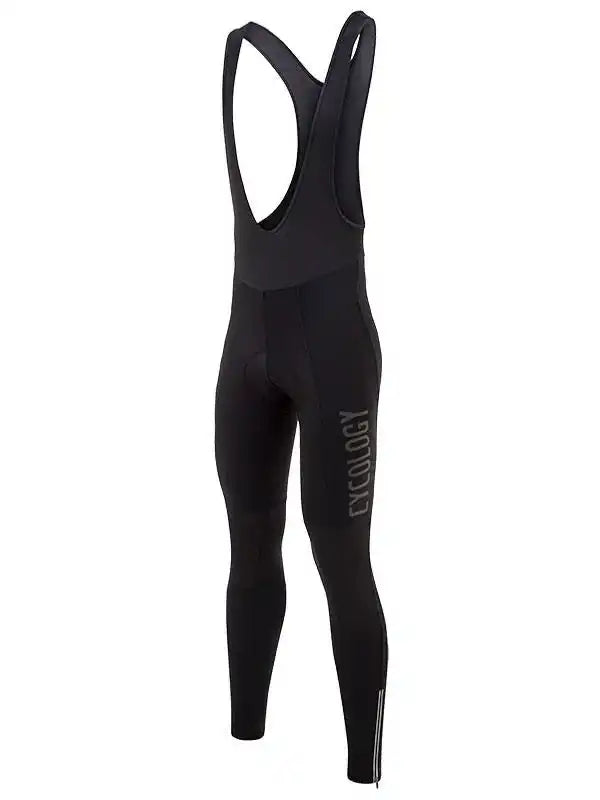 Black men's cycling bib tights with padded chamois and reflective logo, designed for comfort and performance