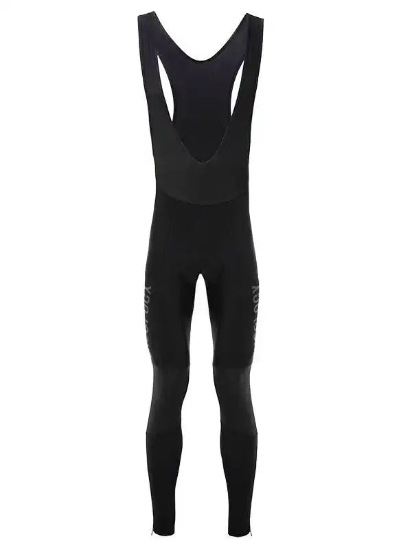 Black men's cycling bib tights with ergonomic design and subtle branding, ideal for road cycling comfort.