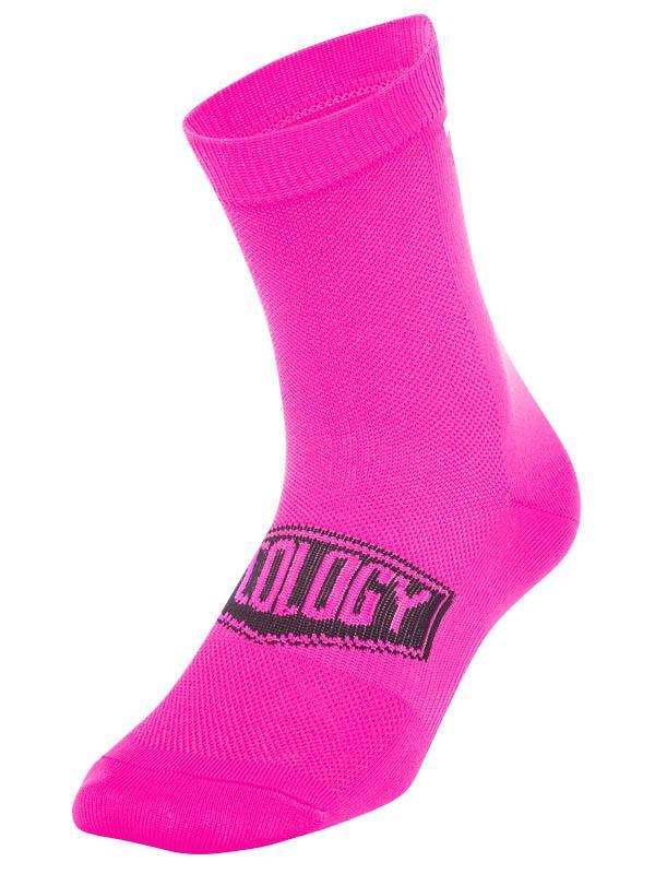 Bright pink cycling sock with black logo, breathable mesh fabric for comfort and performance