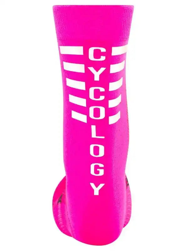 Bright pink cycling sock with white 'CYCOLOGY' text and stripe design, ideal for men's and women's bike rides.
