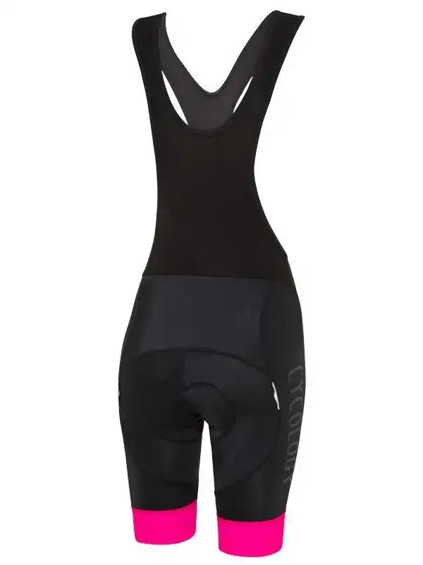 Black women's cycling bib shorts with pink hem and padded seat, ideal for road biking comfort.