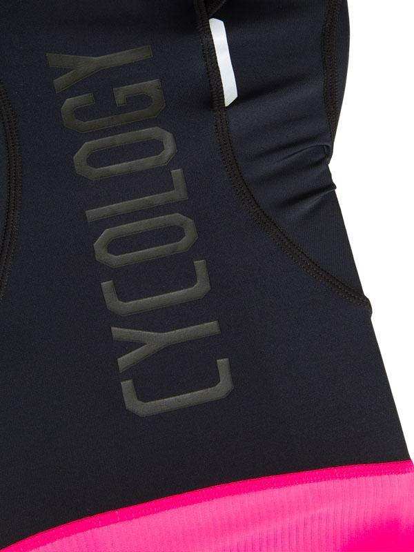 Black cycling jersey with bold 'CYCOLOGY' text and vibrant pink hem, designed for performance and style.