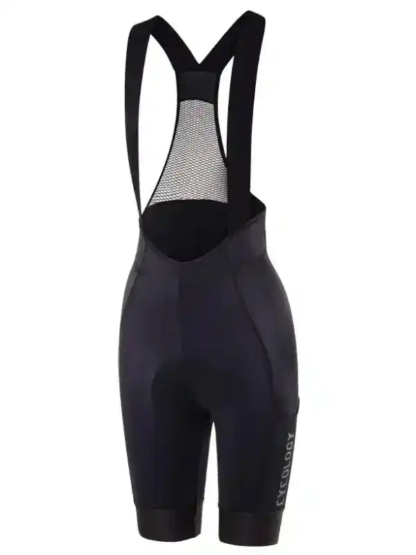 Black women's cycling bib shorts with mesh back panel and padded chamois for comfort