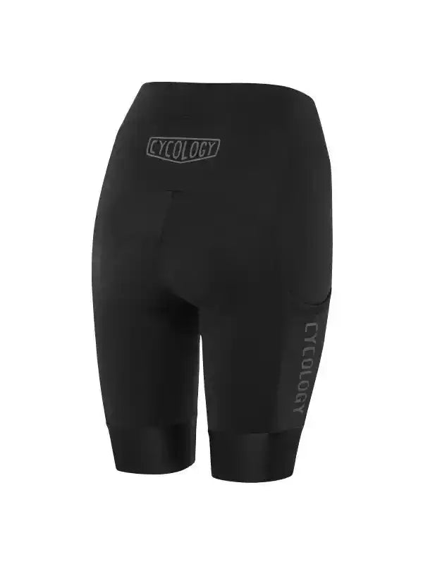 Black women's cycling shorts with subtle brand logo, designed for comfort and performance on rides.