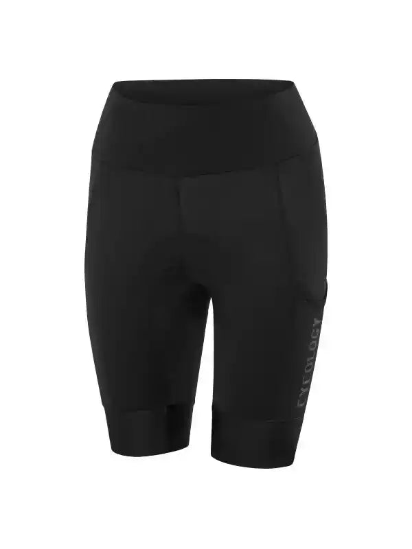 Black women's cycling shorts with padded seat and side logo, designed for comfort and performance