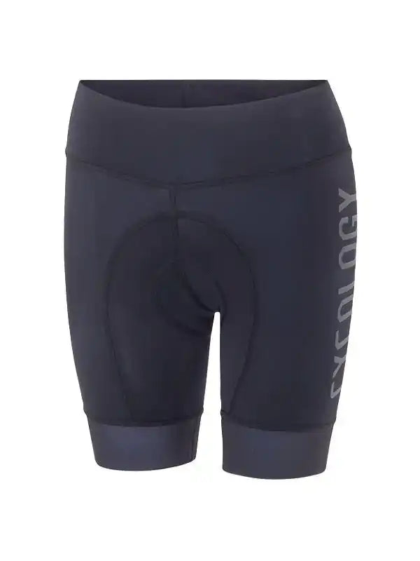 Black women's cycling shorts with padded seat and side logo, designed for comfort and performance.