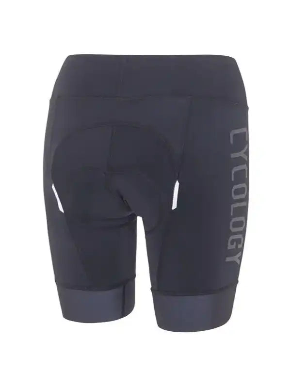 Black women's cycling shorts with padded seat and CYCOLOGY logo, designed for comfort and performance.