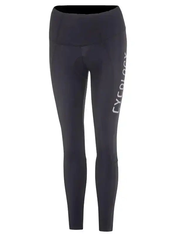 Black women's cycling tights with padded seat and side logo, designed for comfort and performance.