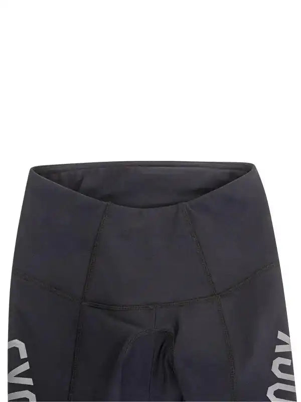 Black women's cycling shorts with padded seat and side logo, high-waisted design for comfort and performance
