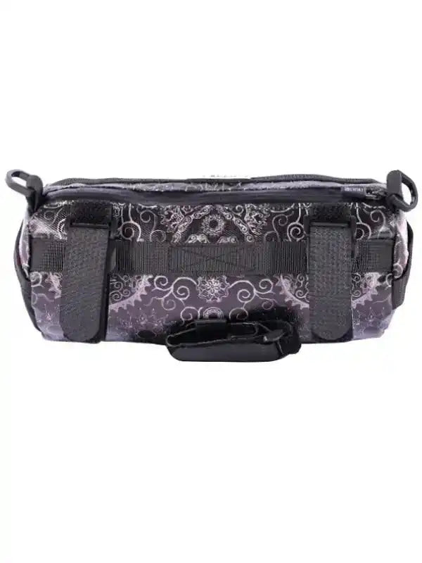 Purple floral pattern cycling frame bag with black straps and buckles for bike storage