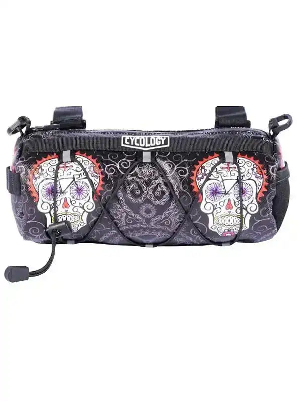 Cycology bike frame bag with sugar skull design, black mesh, and purple accents for cycling gear